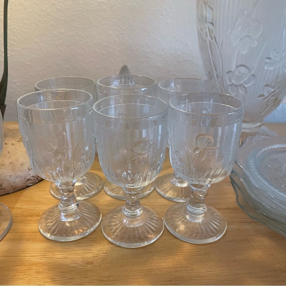 Iris and Herringbone Depression Glass - 6 Wine Glasses